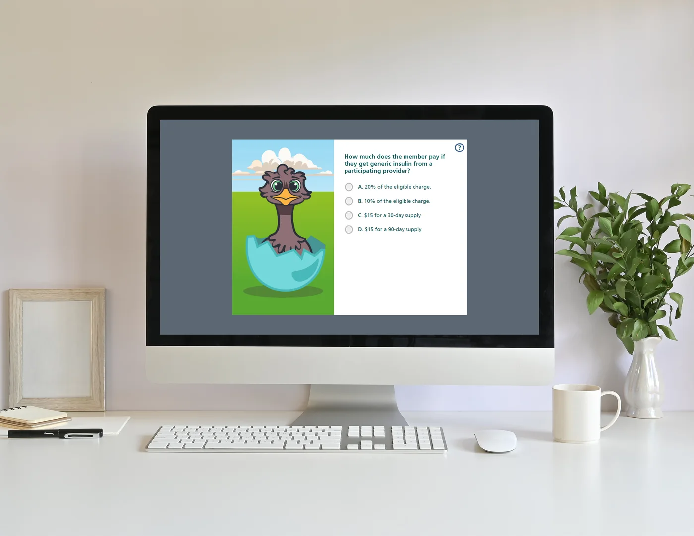 A Benefits Learning Program quiz on a desktop computer
